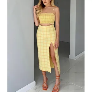 Zara sz S Gingham Yellow Plaid High Rise Split Midi Skirt Retro Mod Bloggers Fav thumbnail 5