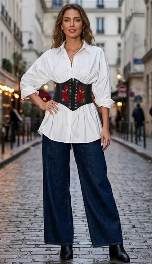 Black Floral Embroidered Waist‎ Elastic Corset Belt One Size thumbnail 1