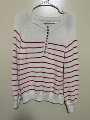Rachel Zoe Cream and Red Striped Henley Sweater thumbnail 1