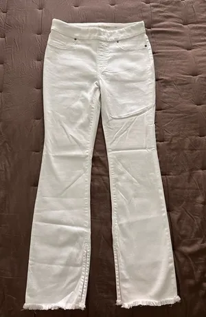 Chico's Pull On White Slim Boot Jeans with Raw Frayed Hem thumbnail 1