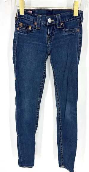 True Religion Casey Skinny Jeans Dark Wash Low Rise Horseshoe Stitch Size 25 thumbnail 1