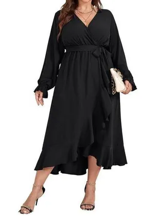 NEW Long Sleeve Wrap V Neck Split Ruffle Cocktail Dress 2X NO BELT thumbnail 1