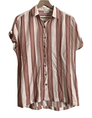 Dress Forum Red Ivory Stripe Short Sleeve Butto Lightweight Blouse Top Medium thumbnail 1