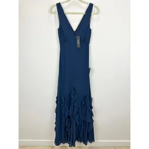 Lulus Alorna Dark Navy Sleeveless Ruffled Maxi Dress Formal Chiffon XS NWT thumbnail 5