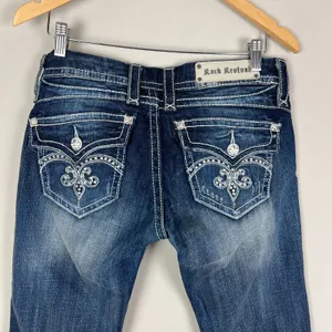 Y2K Rock Revival Sasha‎ Boot Jeans Womens 31 Dark Wash Denim Flap Rhinestones thumbnail 7