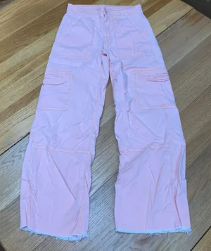 American Eagle Womens Pink Baggy Wide Leg Cargo Pants Raw Hem Size 2‎ Stretch thumbnail 1