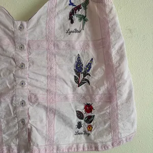 Lyrebird Pink Cottagecore Cotton Sleeveless Embroidered Lace Button Down Top L thumbnail 3