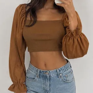 SheIn autumn season camel brown ribbed ruched crop top with puff sleeves thumbnail 1