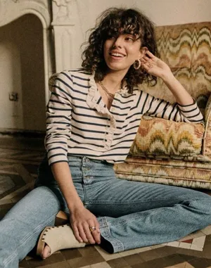 Sézane Gael Mariniere Striped Long Sleeve Top with Ruffles thumbnail 1