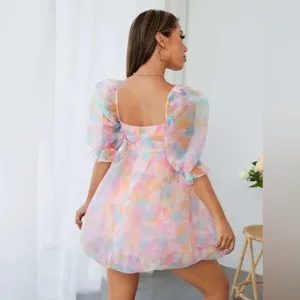 Tie Dye Square Neck Puff Sleeve Organza Dress Petite Medium thumbnail 2