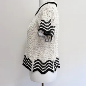 Solitaire Crochet Knit Polo Top Small Cream Black Chevron Scalloped Trim thumbnail 3