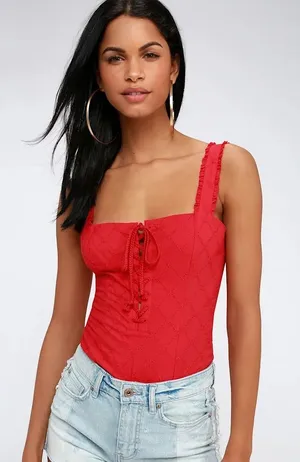 Free People Make Me Up Red Eyelet Bodysuit thumbnail 1