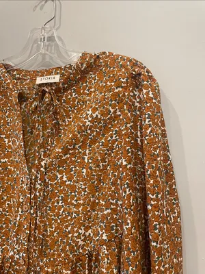 Storia Rust and Cream Floral Tie-Neck Babydoll shorts romper long sleeve small thumbnail 2