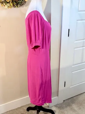 💥NWT Maeve Anthropologie Raspberry Pink Wrap Tie Waist Puff Sleeve Dress 14💛 thumbnail 6