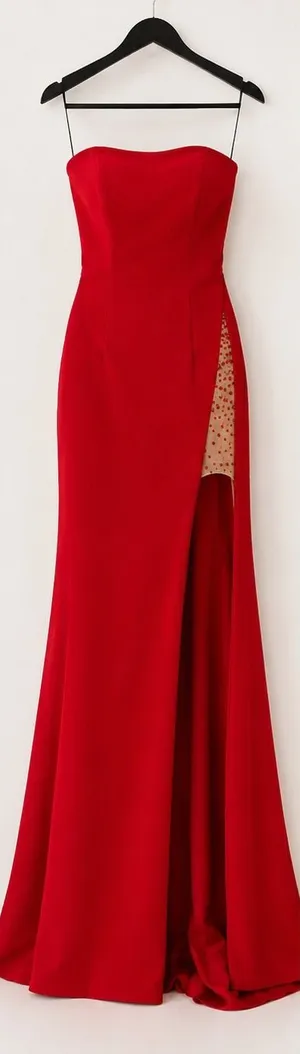 Sherri‎ Hill Red Strapless High Slit Rhinestone Mesh Formal Gown Dress Size 6 thumbnail 1