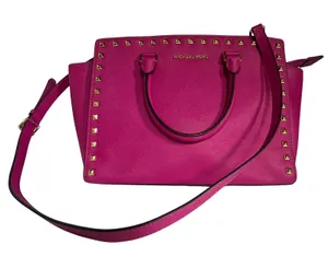 Michael Kors Selma Satchel Women Medium Magenta Pink Studded Saffiano Leather thumbnail 1