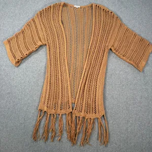 Easel Crochet Open Knit Duster Cardigan Small/Medium Brown Fringe Boho thumbnail 1