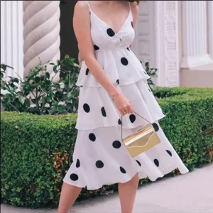 O.P.T Polka dot midi Dress layered ruffles Black Size XS thumbnail 4