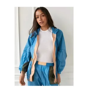 Out‎ From Under Windbreaker Jacket Womens Small Blue Colorblock Hooded Retro Zip thumbnail 3