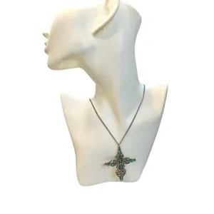 Signed Roma Cross Pendant Necklace Petit Point Faux Turquoise Christian Vintage thumbnail 7