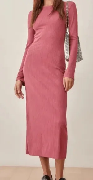 Reformation Women’s Benedict Long Sleeve Tie Back Ribbed Knit Midi Dress Rust thumbnail 1
