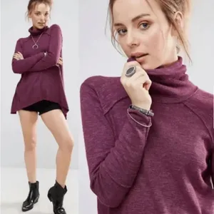 Free People We the Free Oversized Split Back Turtleneck Sweater Tunic Top‎ Plum thumbnail 2