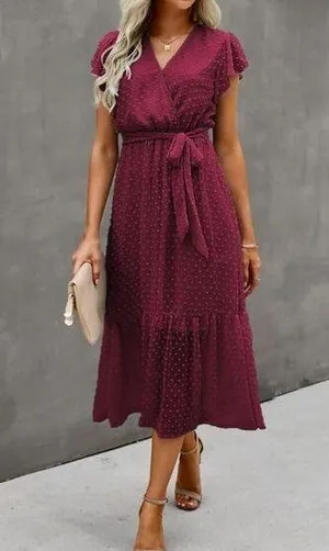 NEW Wrap Ruffle Cap Sleeveless Belted A-Line Swiss Dot Midi L thumbnail 1
