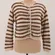 Striped Cropped Cardigan Sweaters Womens Size M Brown Cream Boho Cottage Neutral