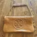 Tory Burch Bombe Tan Riva Leather Handbag with Strap and Gold Accents