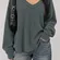 Aerie Greenish Gray Waffle Knit Oversized V-Neck Long Sleeve Top M