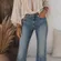 7 For All Mankind 27 Jeans Flare Low Rise Boho Retro Distressed Medium Blue Wash