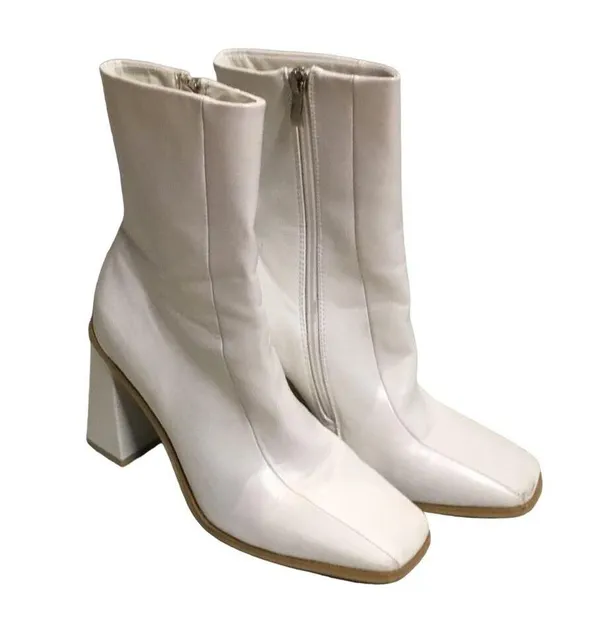 Square Toe Faux Leather Heeled Boots White Size 9 - Image 10