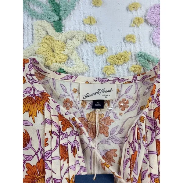 Universal Thread‎ Floral Puff Sleeve Mini Dress Cream Orange Purple XS NEW - Image 5