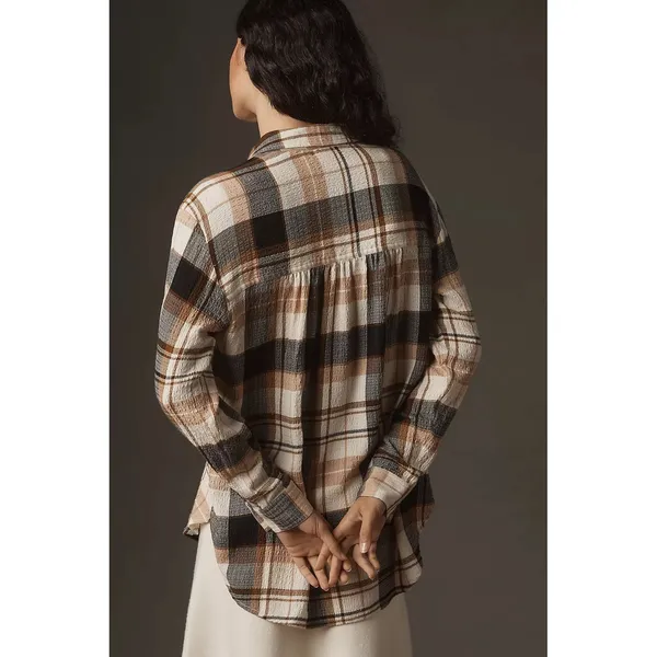 Anthropologie Pilcro Relaxed Long-Sleeve Checkered Shirt Small Brown Plaid Boho Casual Flannel - Image 2
