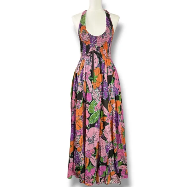 Free People Bohemian Retro 70s Beachy Bayside Florals Halter Maxi Dress Small - Image 8
