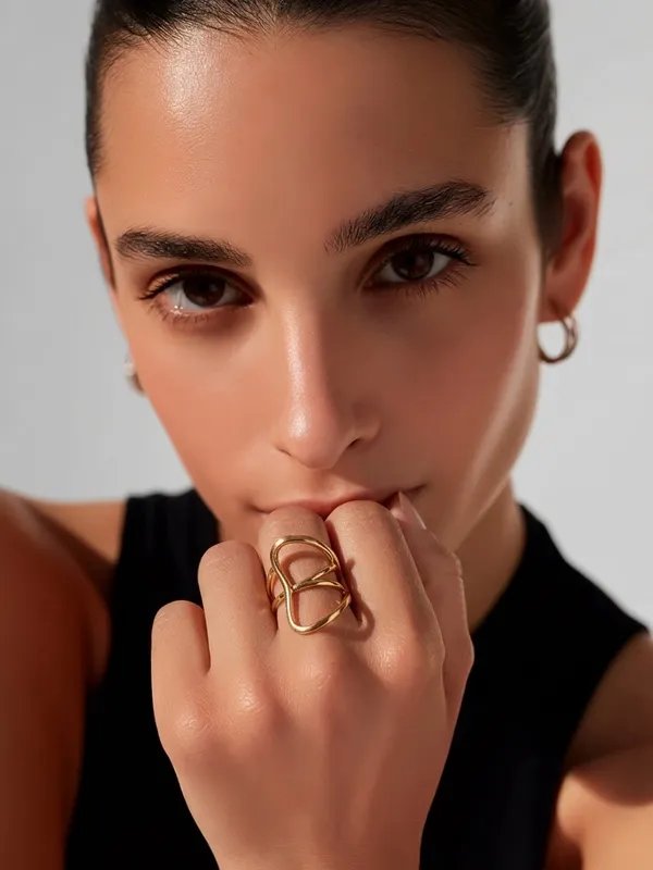 Gold Open Link Statement Ring - Women Jewelry Size 8 - Image 2