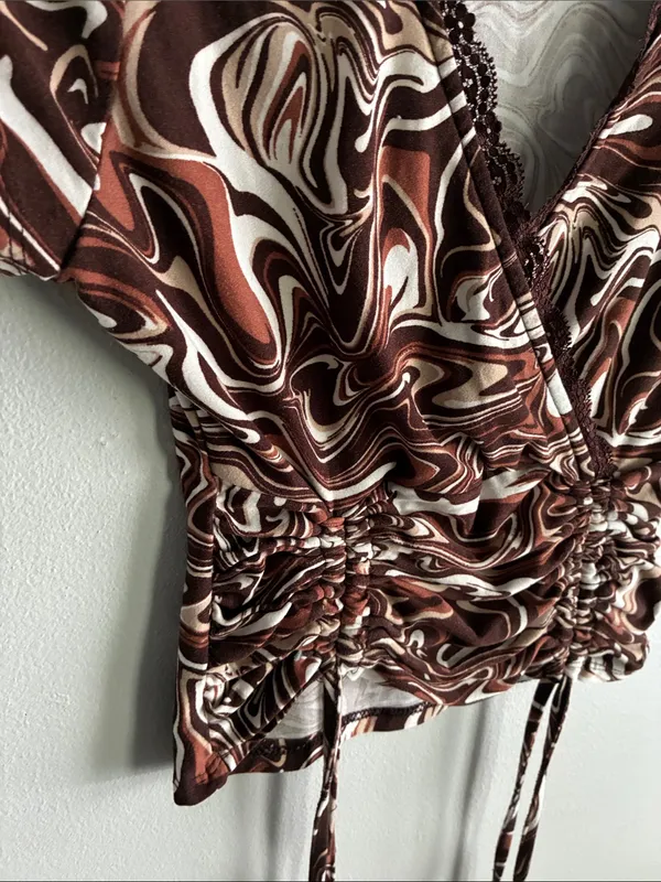 Almost Famous Y2K Brown Marble Print Ruched Crop Top Size M - Image 3