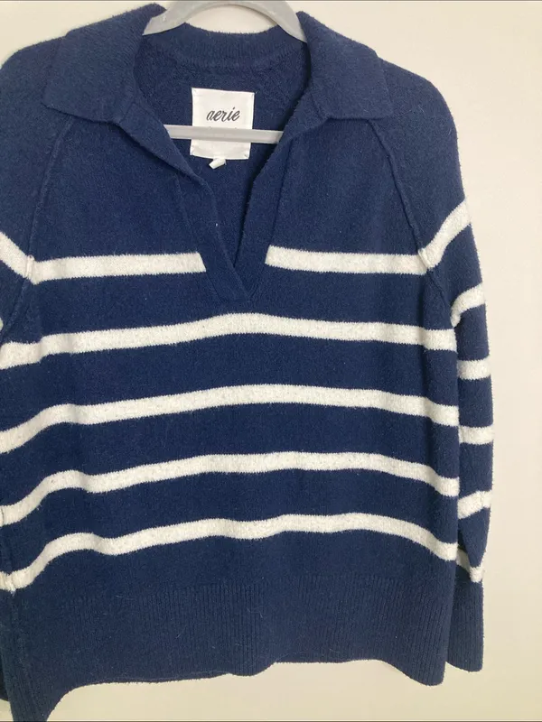 aerie Navy & White Striped V‑Neck Polo Sweater - Image 4