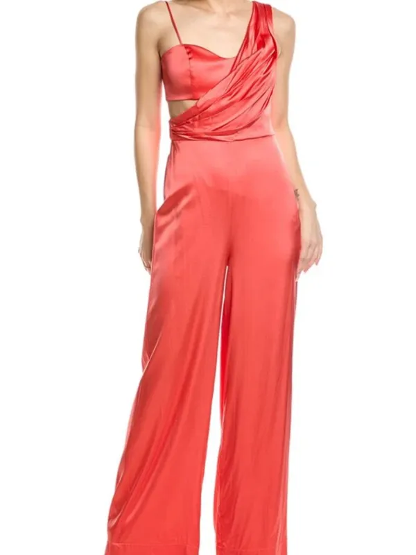 AMUR Blynn Spicy Coral Asymmetrical Pleated Drape Jumpsuit Formal Size 4 - Image 2