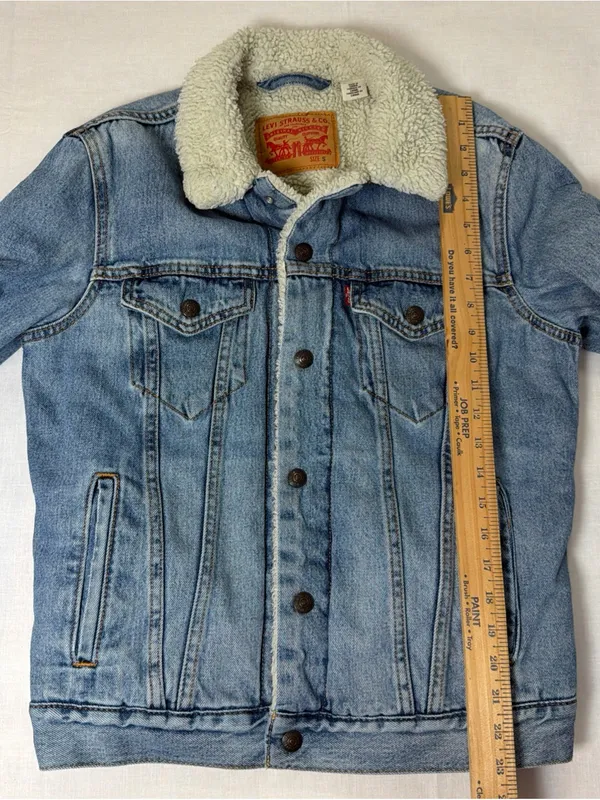 Levi's Sherpa Lined Blue denim Trucker Jacket Button Snap Closure S - Image 10