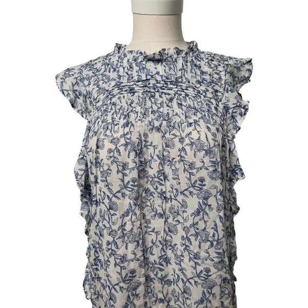 Beachlunchlounge‎ White Blue Floral Ruffle Neck Cotton Sleeveless Blouse Small - Image 2