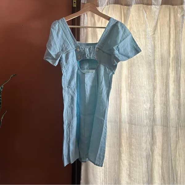 Madewell‎ Square-Neck Mini Dress 100% Linen Euro Summer Coastal Blue NWT Sz 00 - Image 6
