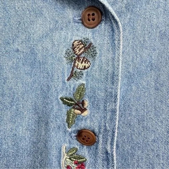 Vintage Christopher & Banks Denim Button Up Fall Leaf Embroidered Blouse Cottage - Image 4