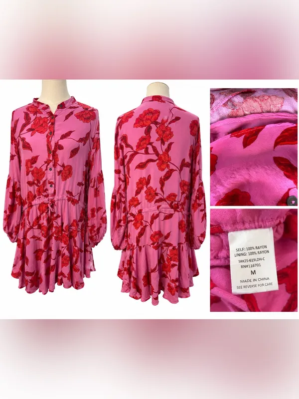 Karlie Pink Red Floral Long Sleeve Mini Dress Medium Boho Tiered Rayon Boutique - Image 4