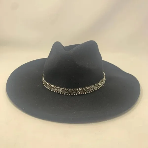 Zara Hat Wool Fedora Hat with Crystals Rhinestones Wide Brim Black‎ Size Small - Image 3