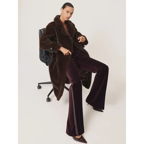 Reiss Cate Faux-Fur Long Belted Coat in Chocolate Brown - Image 4