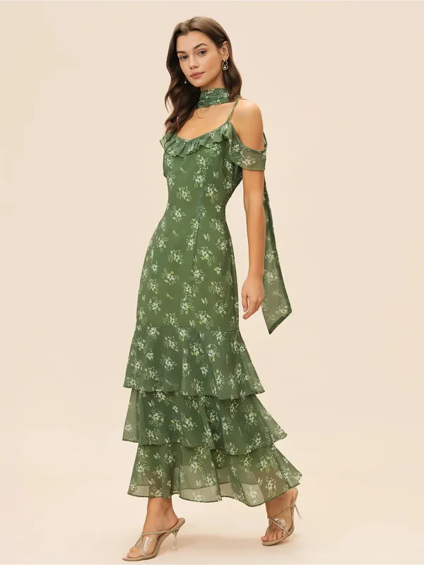 Rihoas Green Floral Ruffled Cold-Shoulder Maxi Dress - Image 4