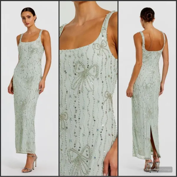 MAC DUGGAL 94129 Green Beaded Mesh Scoop Neck Fitted Gown With Bows - Image 2