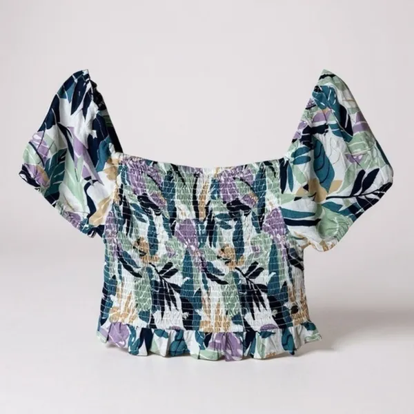 Roxy‎ Women's Smocked Puff Sleeve Crop Top Tropical Print Size Large - Image 6