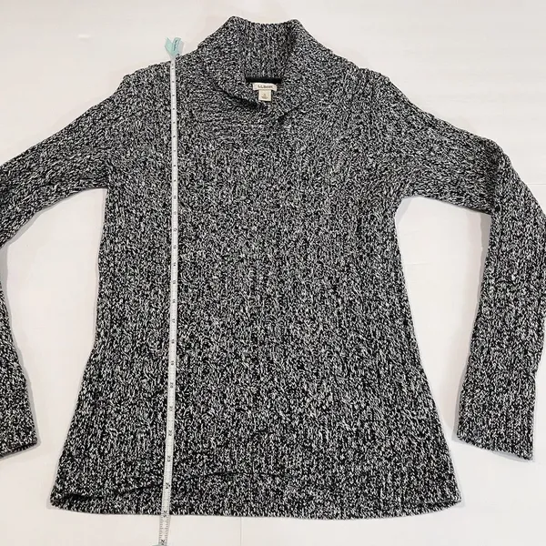 LL Bean Black Marled Pullover Cable V Neck Shawl Collar Cotton‎ Sweater SMALL - Image 8